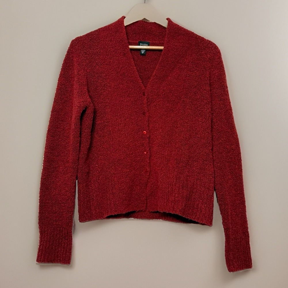 Eileen Fisher Cardigan Knit Sweater Wool Cashmere Blend Dark Red size Medium